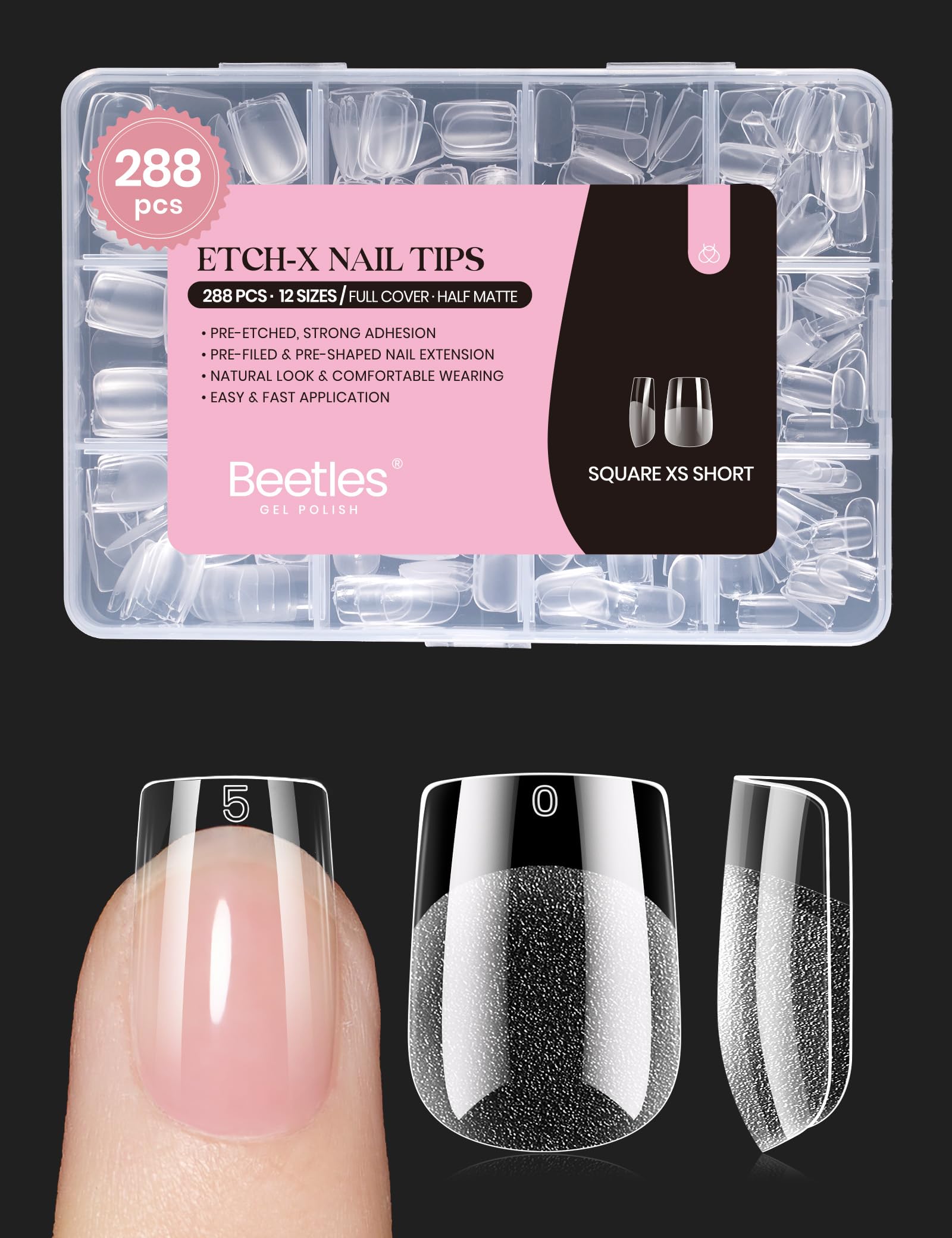Beetles Gel Nail Tips extra corto cuadrado para una aplicación natural y duradera.