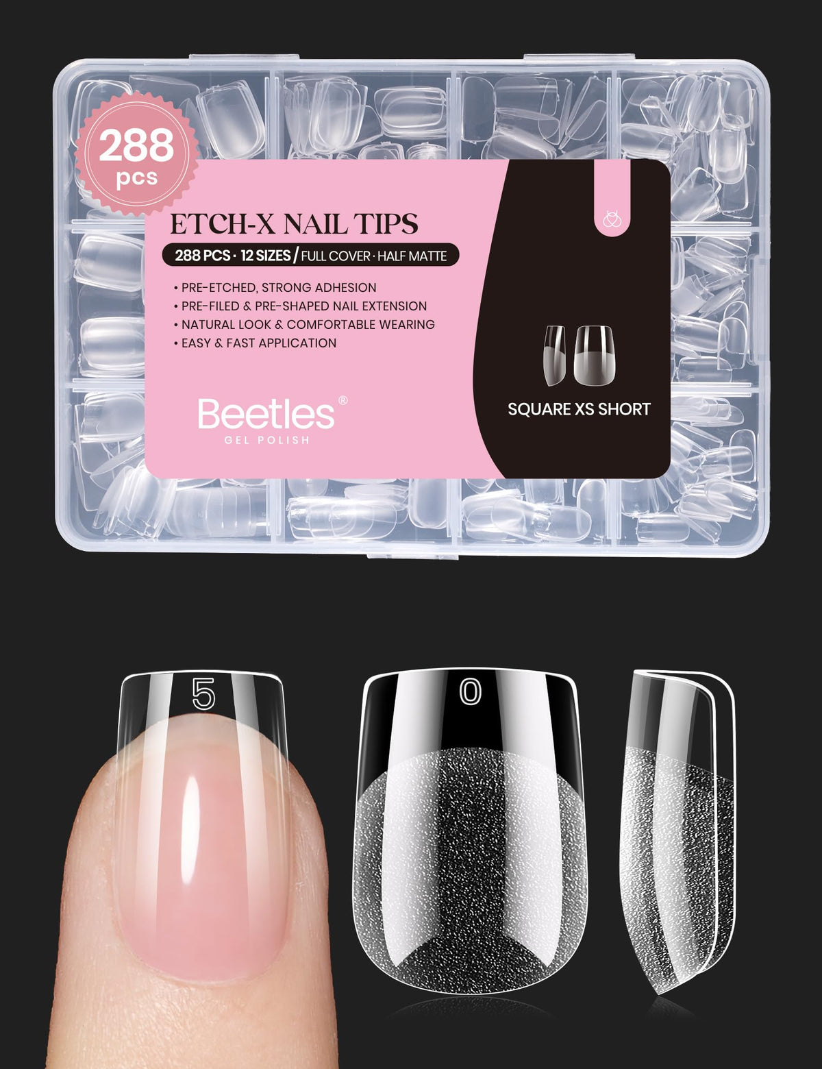 Beetles Gel Nail Tips extra corto cuadrado para una aplicación natural y duradera.