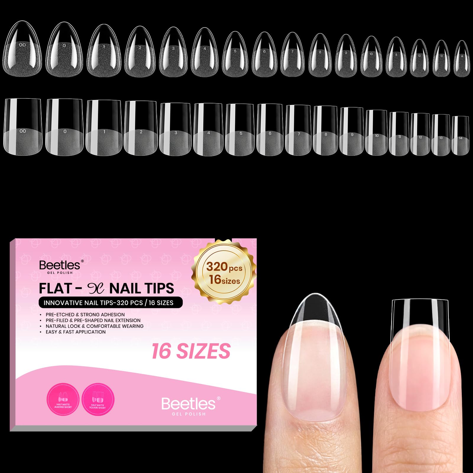 Beetles Gel Nail Tips Flat-X almendra-cuadrado corto: ajuste cómodo sin levantamiento