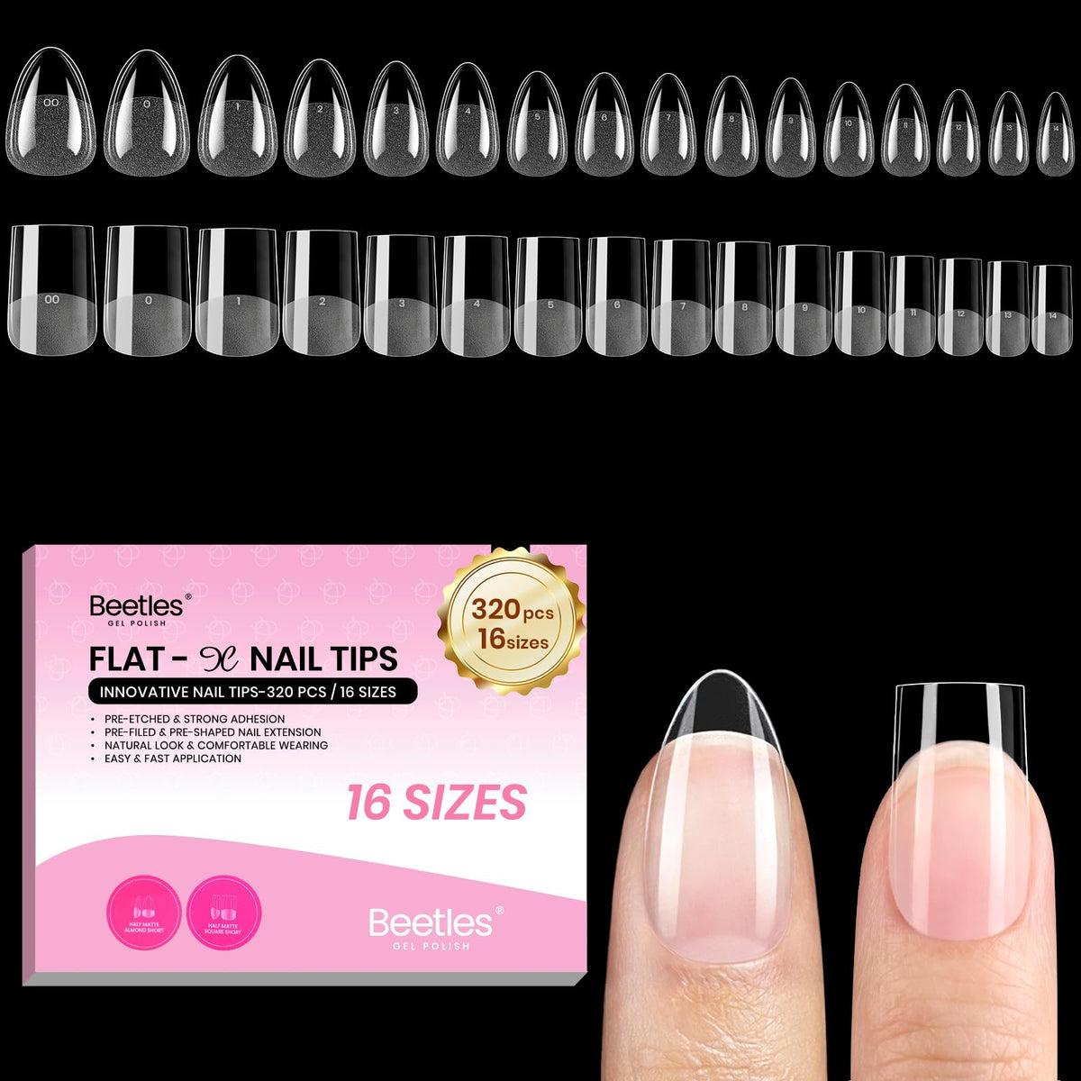 Beetles Gel Nail Tips Flat-X almendra-cuadrado corto: ajuste cómodo sin levantamiento