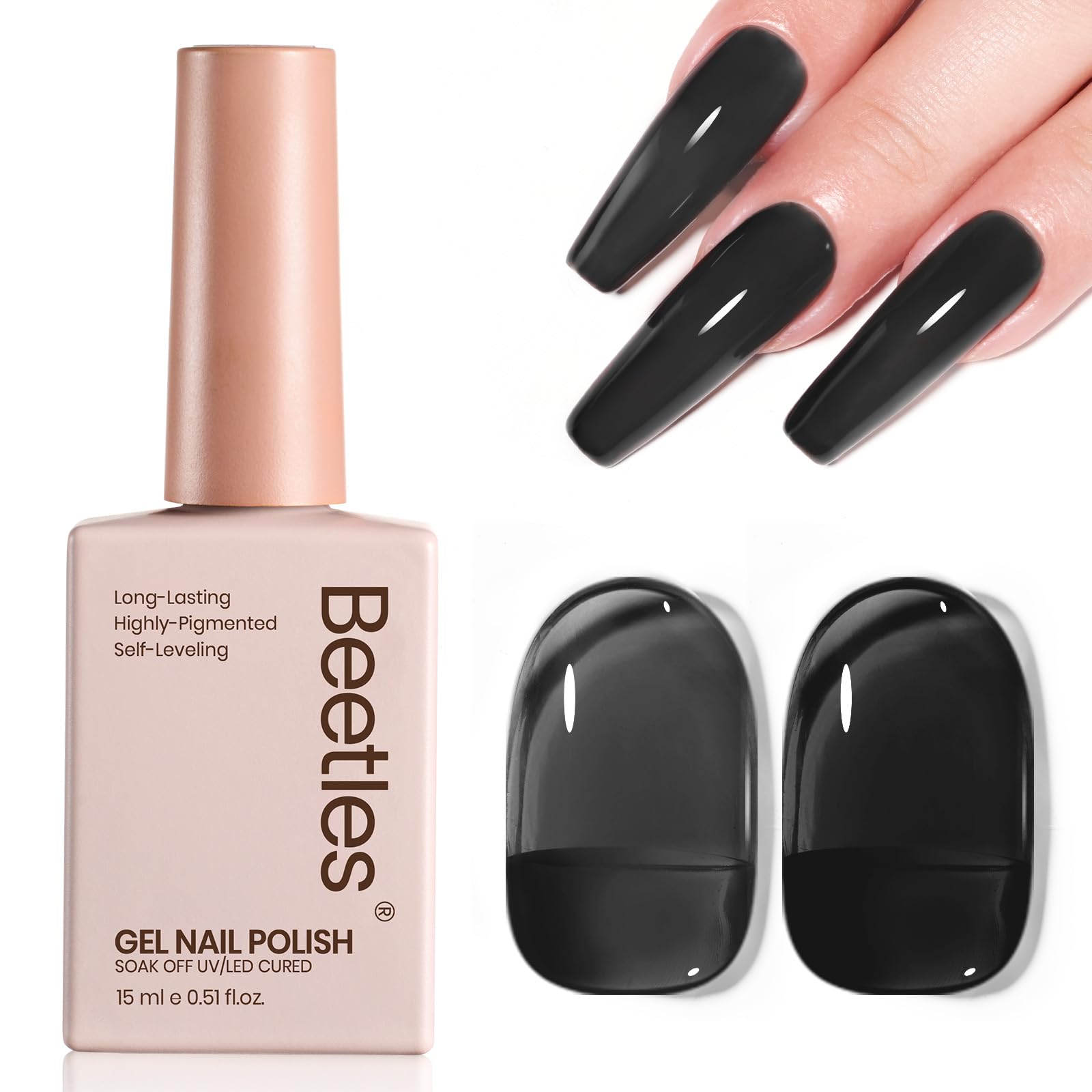 Beetles Gel Negro Jelly, botella de 15 ml, acabado translúcido para un look natural y elegante.