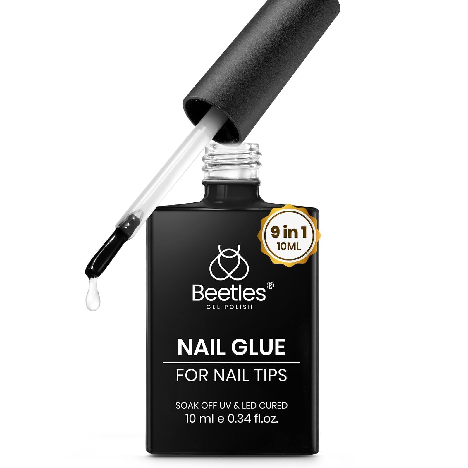 Beetles Gel Polish 9-in-1 bottle pour shows precise application for nails.