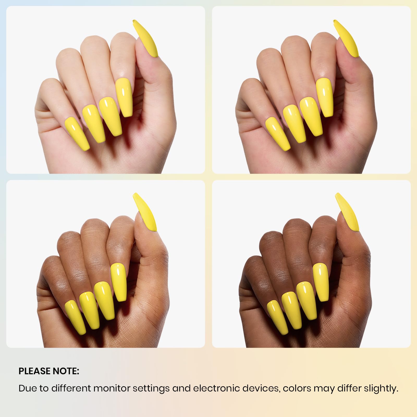 Swatch of Beetles Canary Yellow shows long-lasting bright shine.
