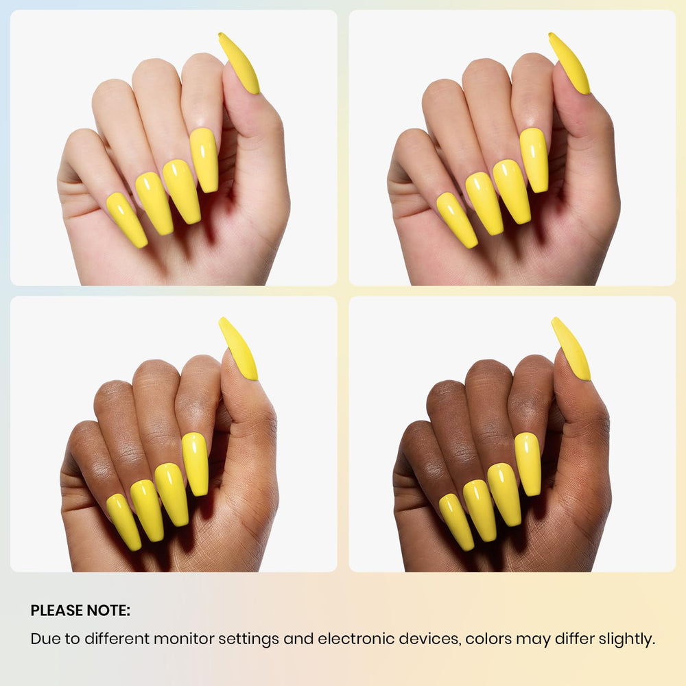 Swatch of Beetles Canary Yellow shows long-lasting bright shine.