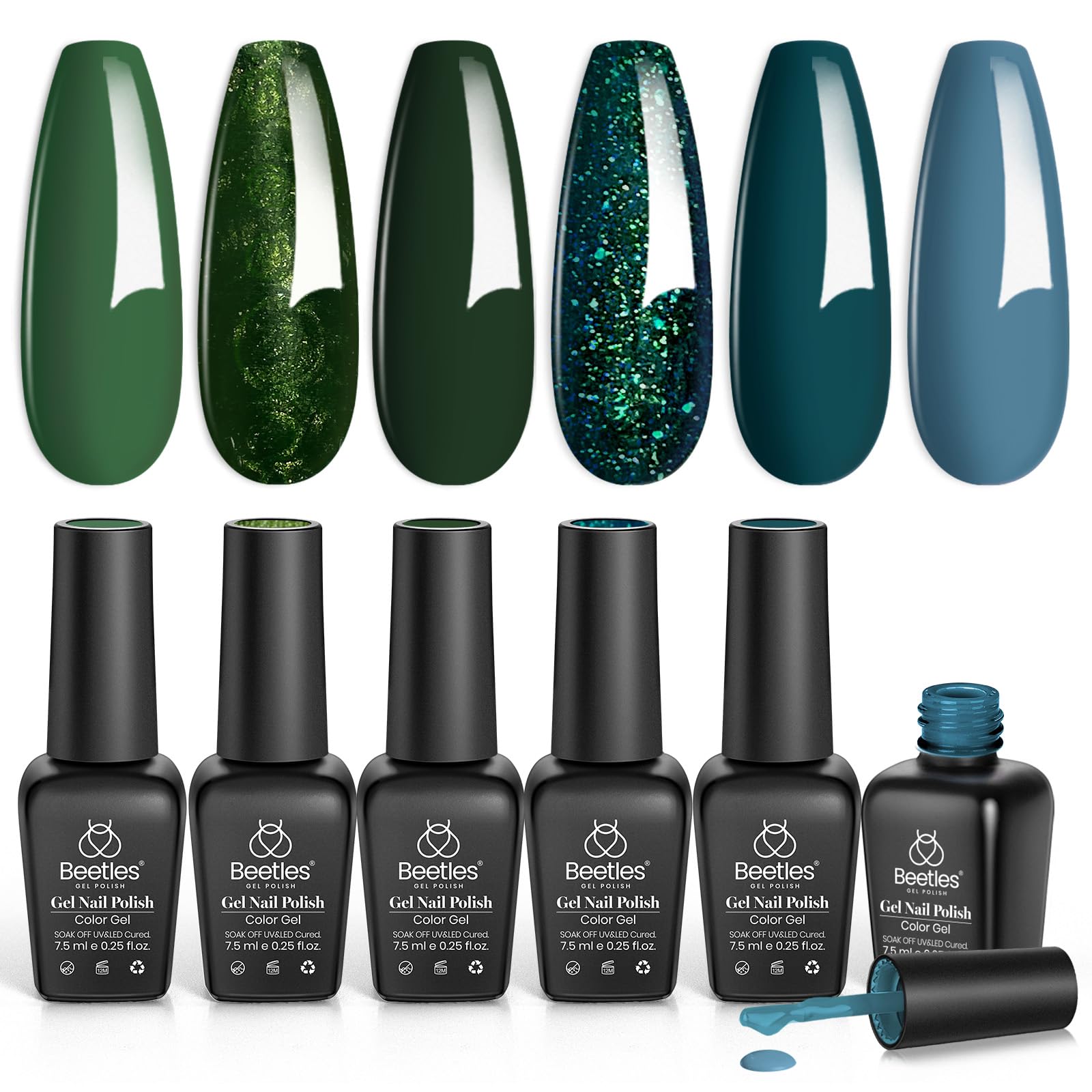 Beetles Gel Polish colección de 6 colores, exhibición de tonos verdes.