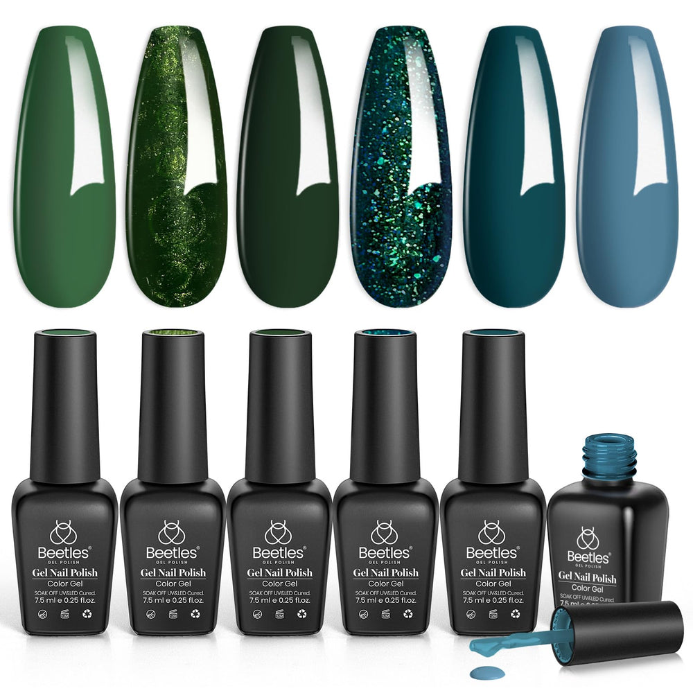 Beetles Gel Polish colección de 6 colores, exhibición de tonos verdes.