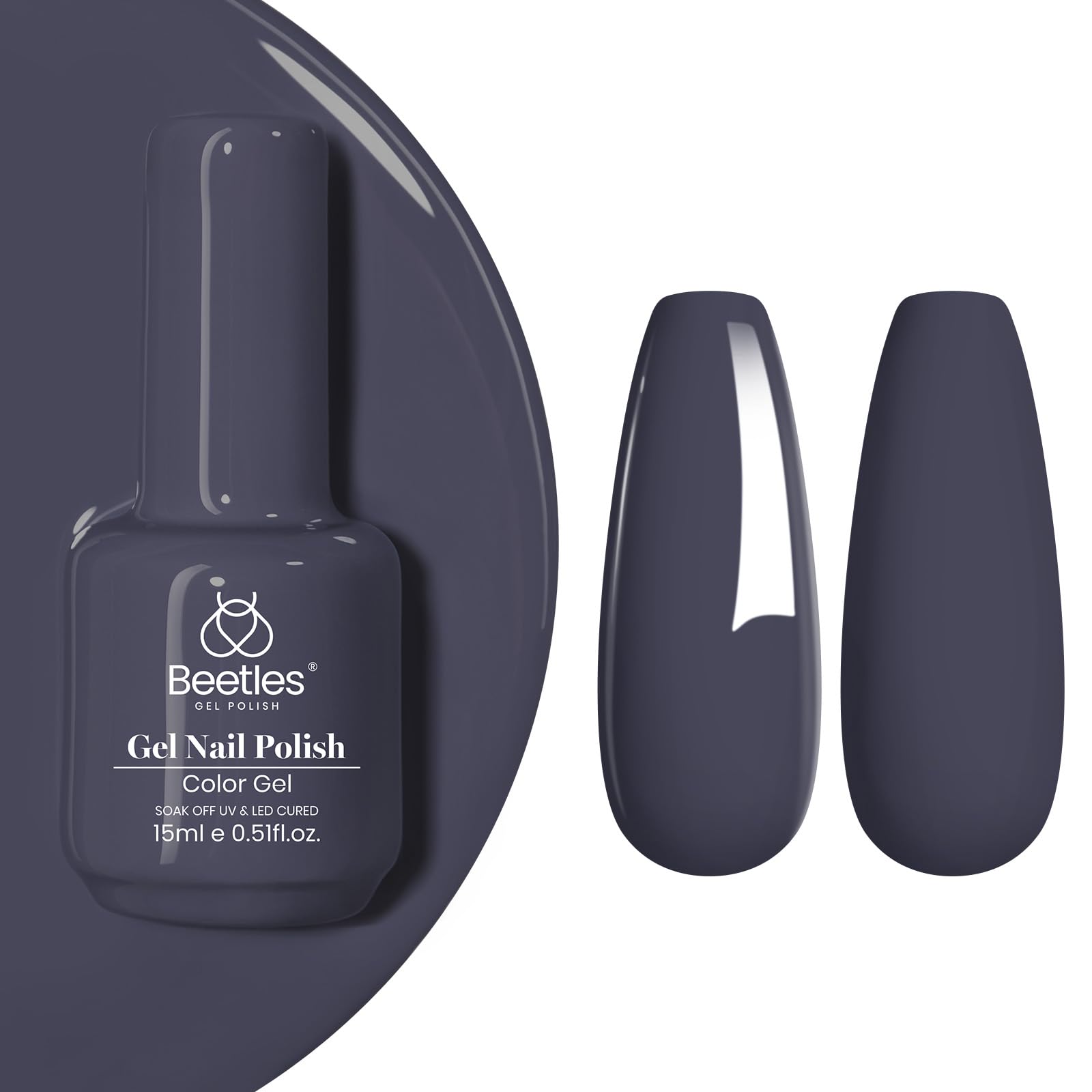 Beetles Gel Polish Gris Oscuro en botella de 15 ml, ideal para manicuras duraderas.
