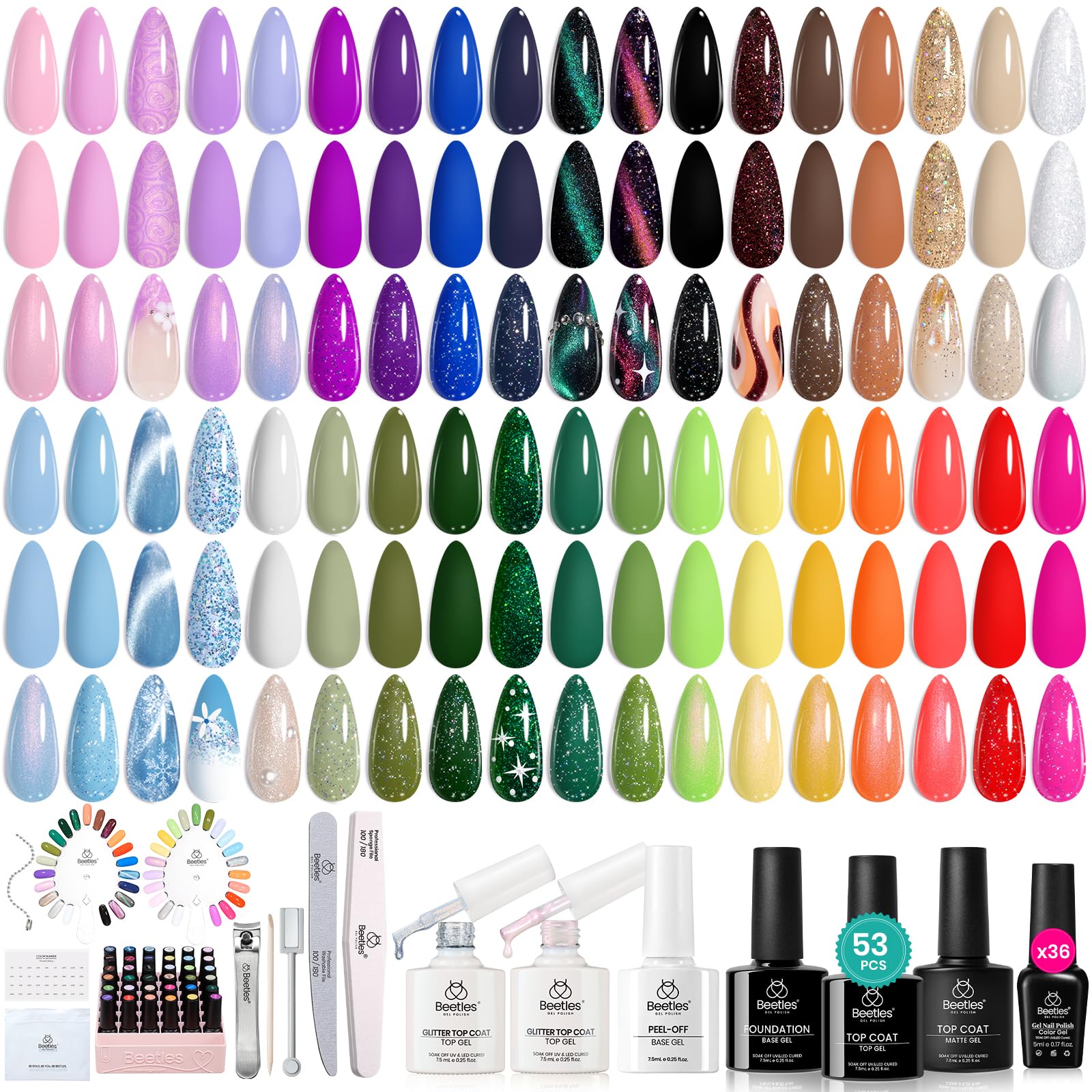 Beetles Gel Polish Kit color collection showcases 36 shades for versatile looks.