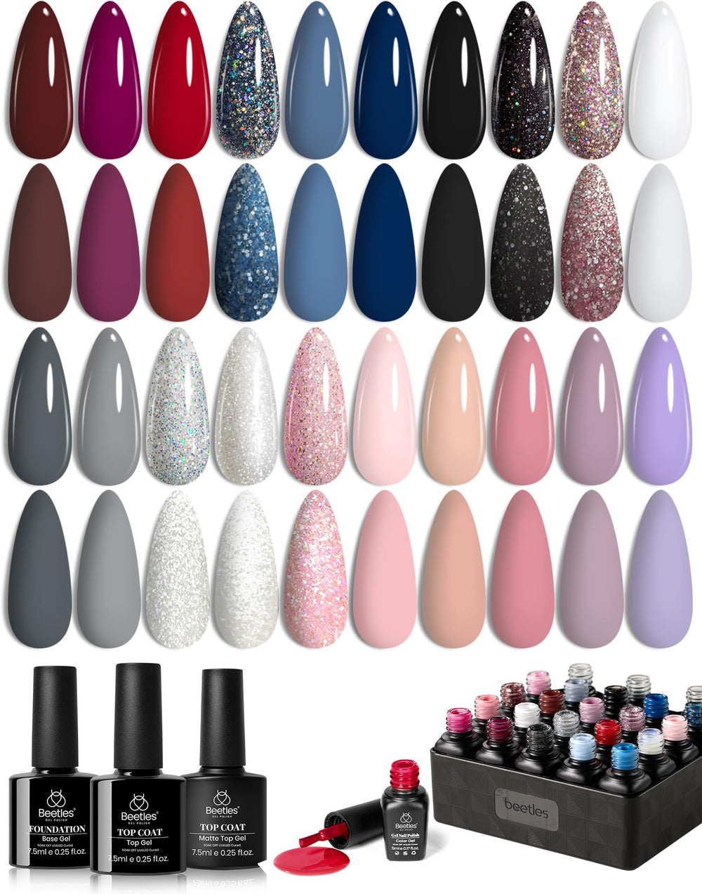 Beetles Gel Polish Kit muestra nude, gris y rosado en botella para looks sutiles.