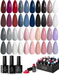 Beetles Gel Polish Kit muestra nude, gris y rosado en botella para looks sutiles.