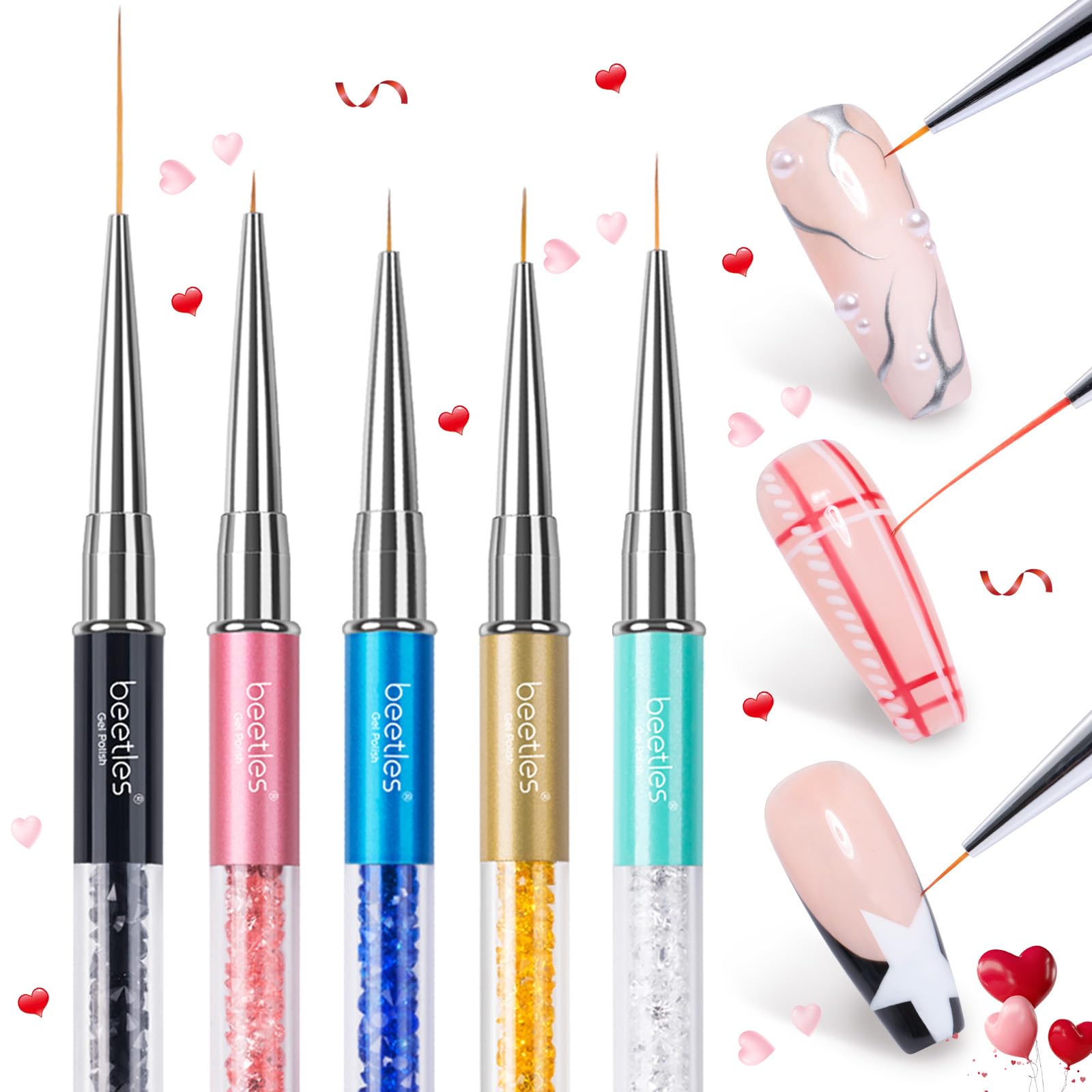 Beetles gel polish liner brush packaging shows organized set.