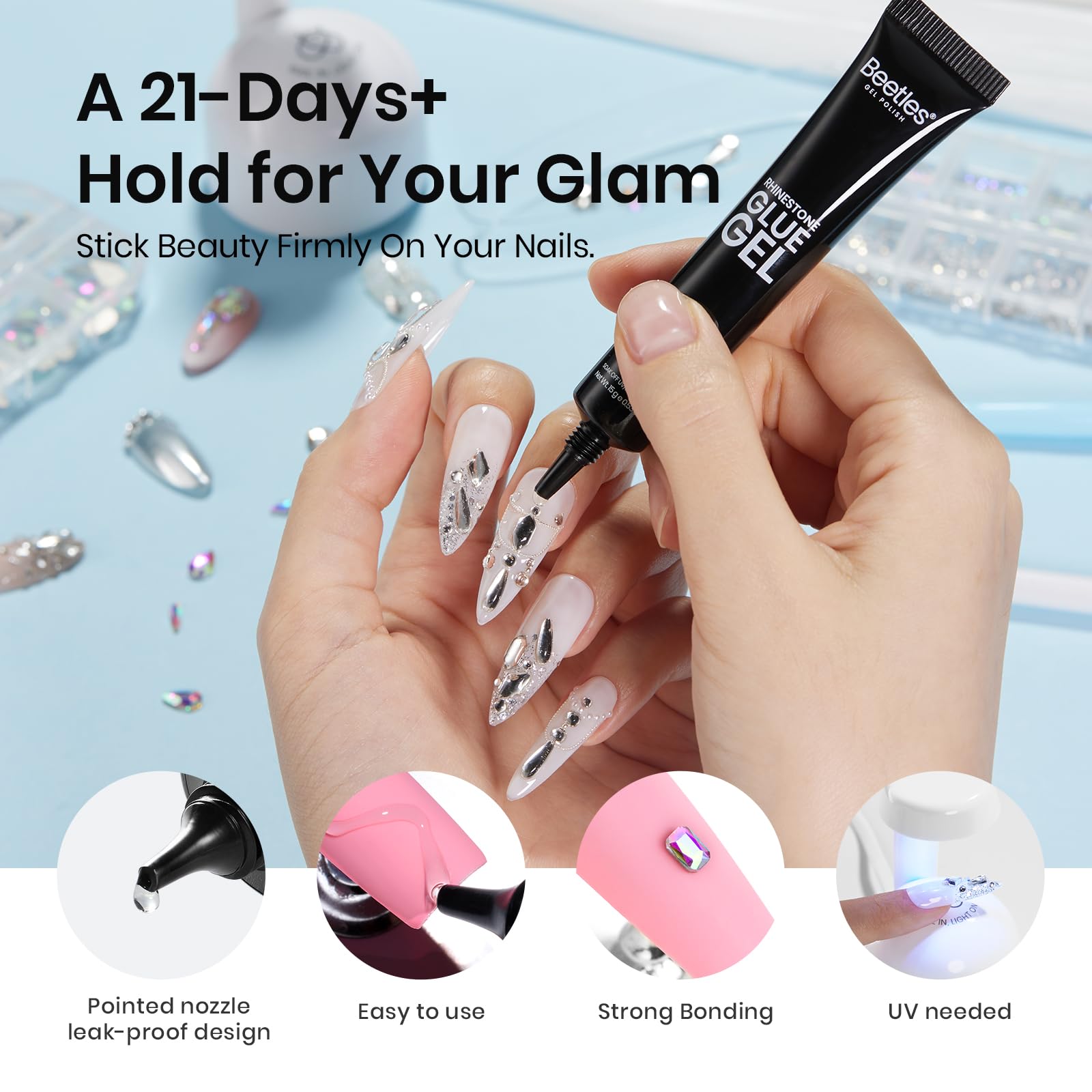 Beetles Gel Polish Nail Glue con placas ovales para acentos elegantes.