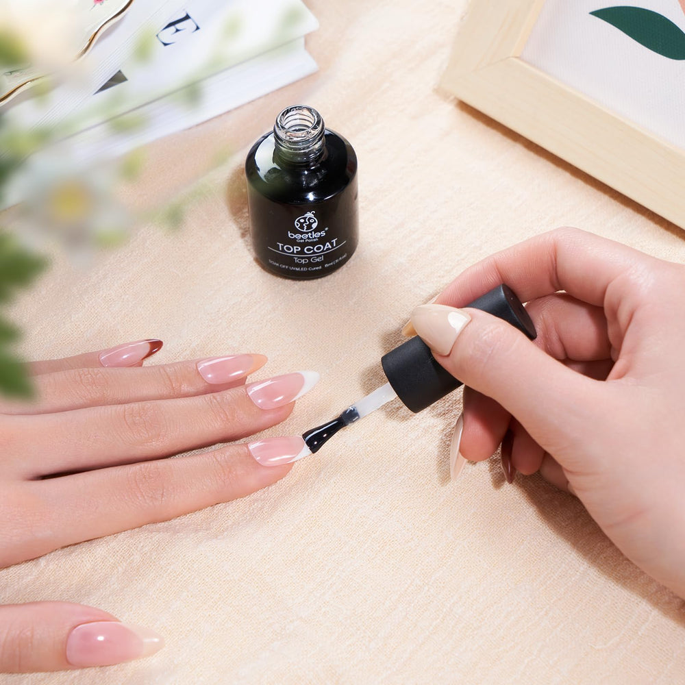 Beetles Gel Polish No-Wipe Top Coat packaging highlights 15ml bottle.