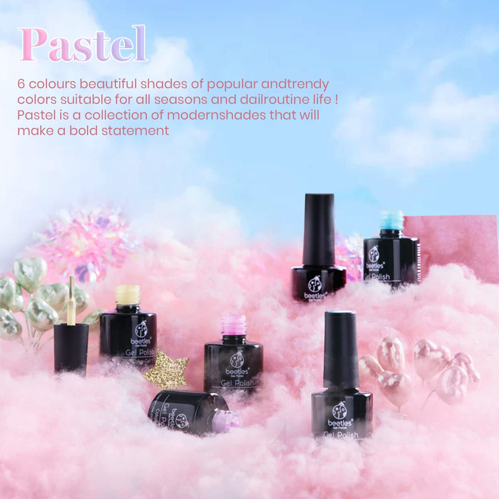 Beetles gel polish pastel muestra tonos rosa, amarillo y azul en paleta.