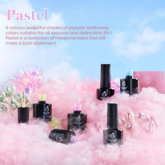 Beetles gel polish pastel muestra tonos rosa, amarillo y azul en paleta.