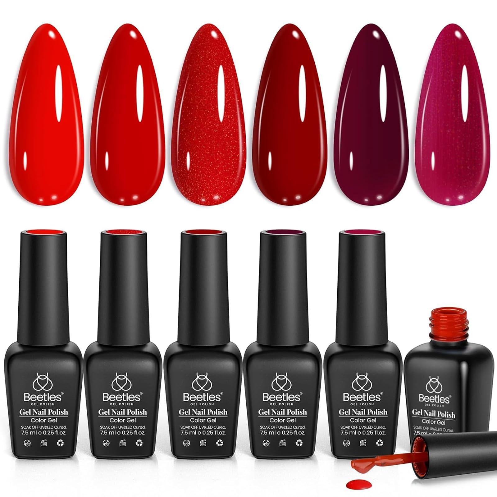 Beetles Gel Polish Set Rojo 6 colores para manicura duradera.