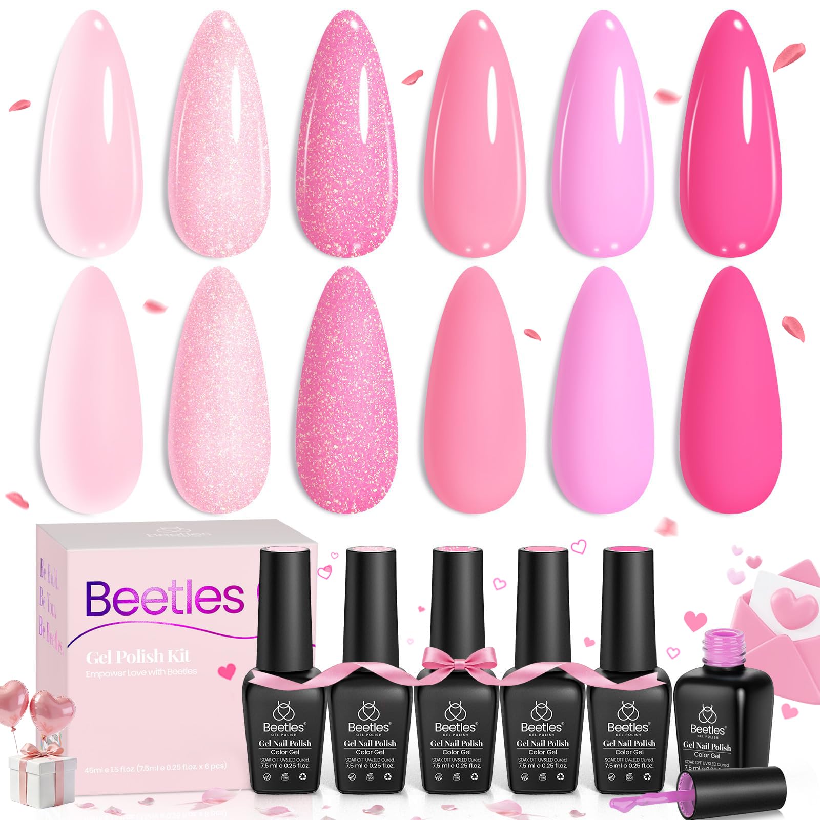Beetles Gel Polish set rosa rojo neón, ideal para uñas brillantes y llamativas.