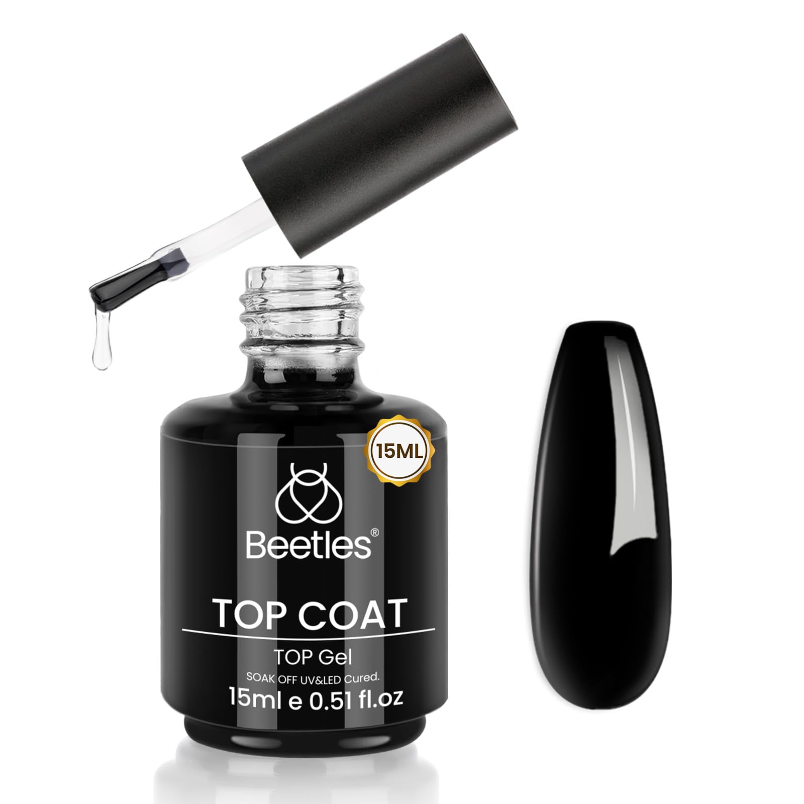 Beetles Gel Polish Top Coat bottle with a mirror-like gloss.