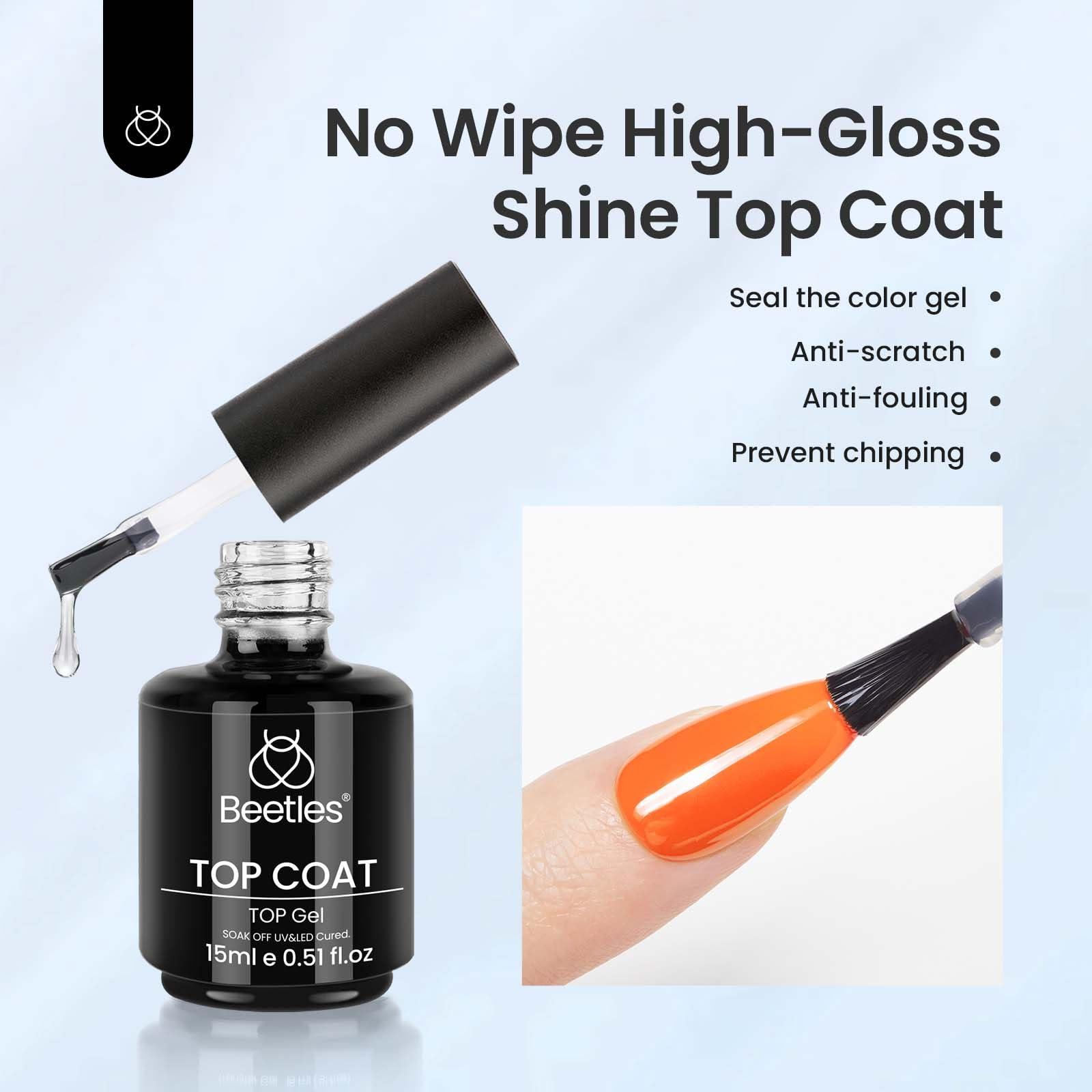 Beetles Gel Polish Top Coat brush application for smooth coverage.