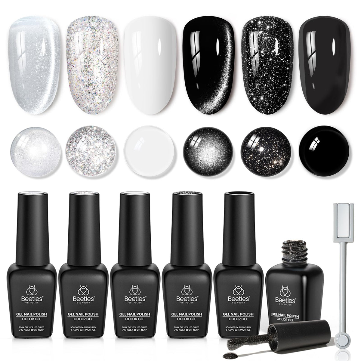 Beetles Gel Polish Twilight Gleam botellas con tonos negros y blancos para uñas elegantes.