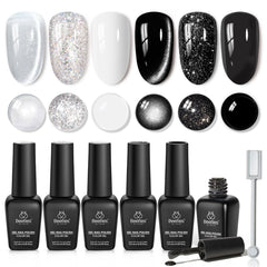 Beetles Gel Polish Twilight Gleam botellas con tonos negros y blancos para uñas elegantes.