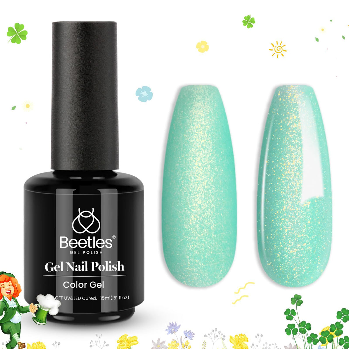 Beetles Gel Polish verde menta, botella de 15 ml, manicura duradera.