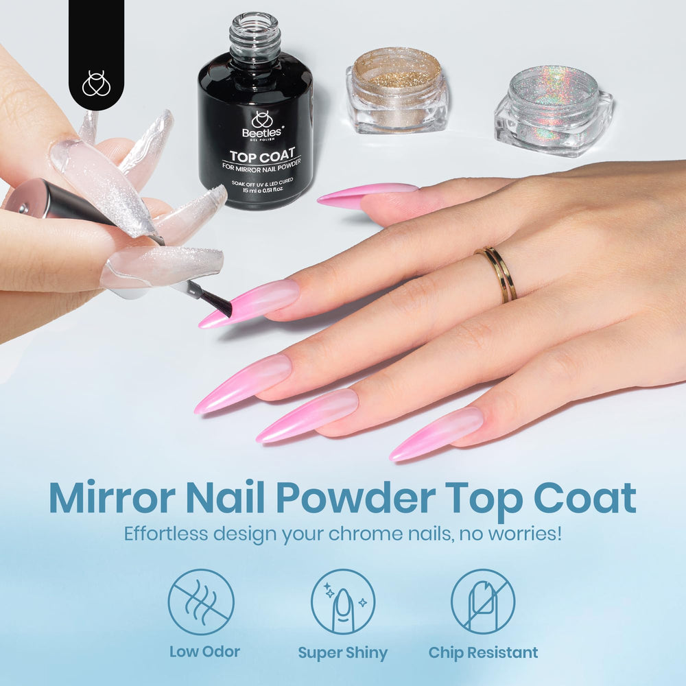 Beetles Gel Top Coat es versátil y compatible con diferentes polvos.