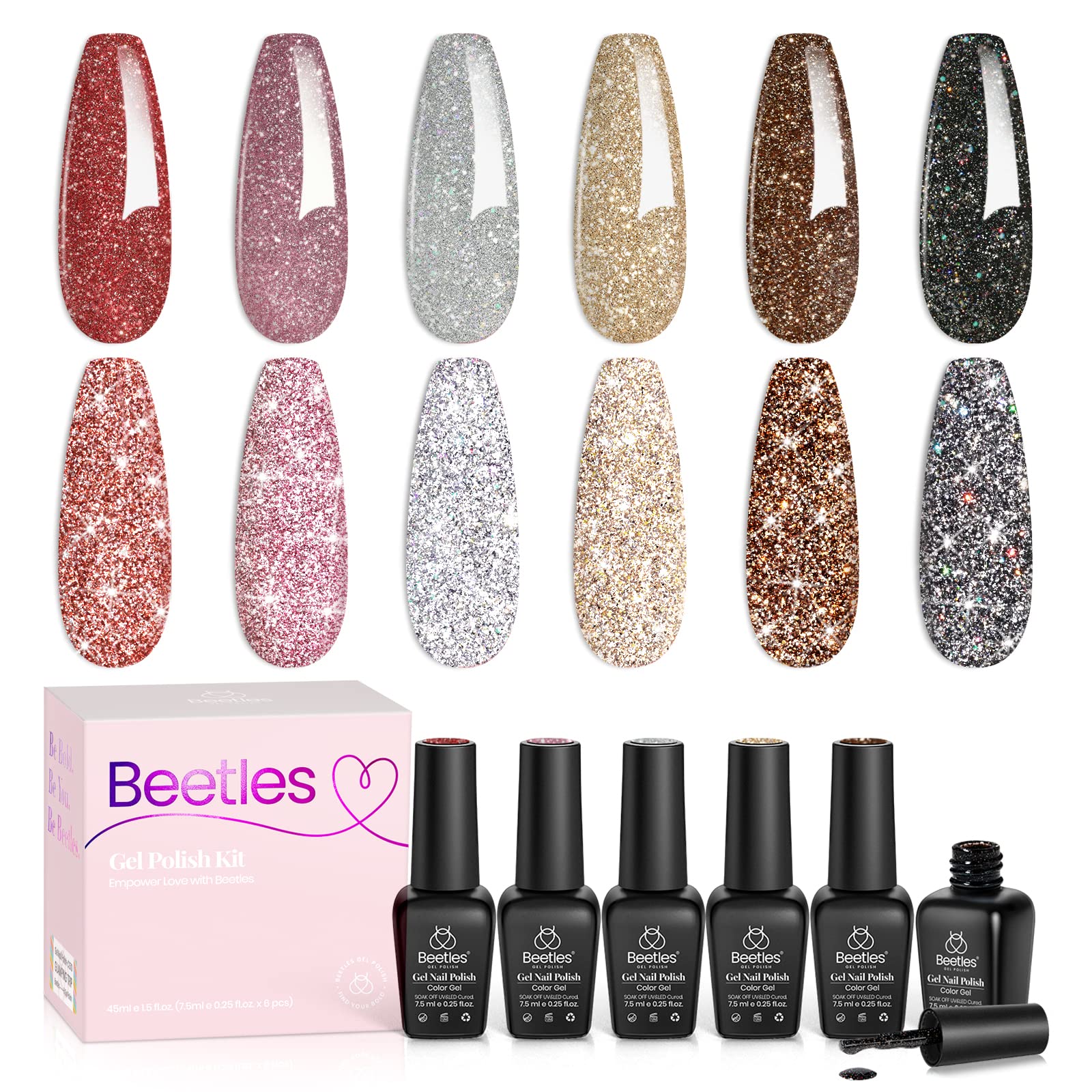 Beetles Glitter Gel Nail Polish: set de 6 colores brillantes para manicura.