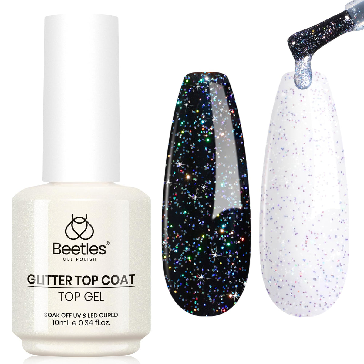 Beetles Glitter Gel Top Coat iridiscente plata con brillo espejo para uñas.