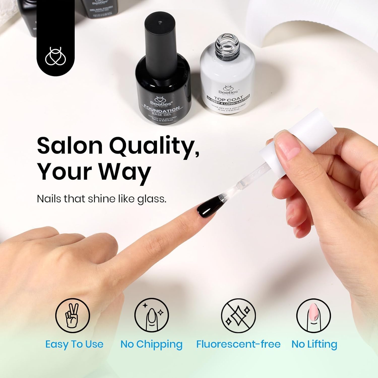 Beetles glossy finish nails highlight long-lasting shine.