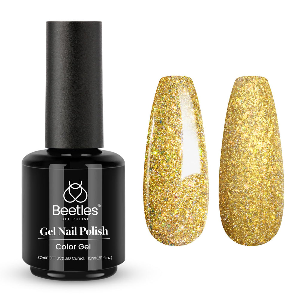 Beetles Gold Gel Polish champagne gold glitter bottle shows sparkling finish.