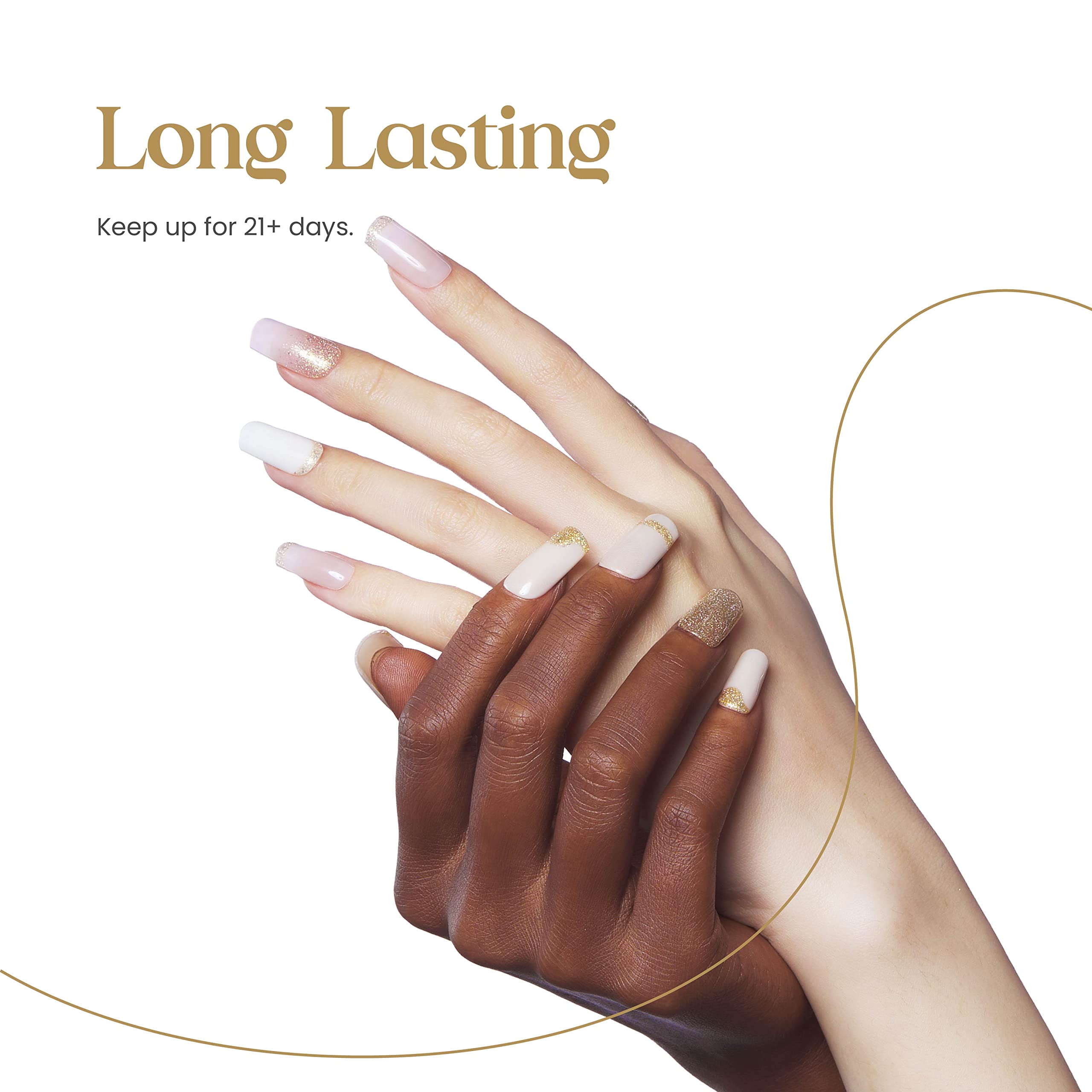Beetles Gold Gel Polish on nails under different lights for dynamic shine.