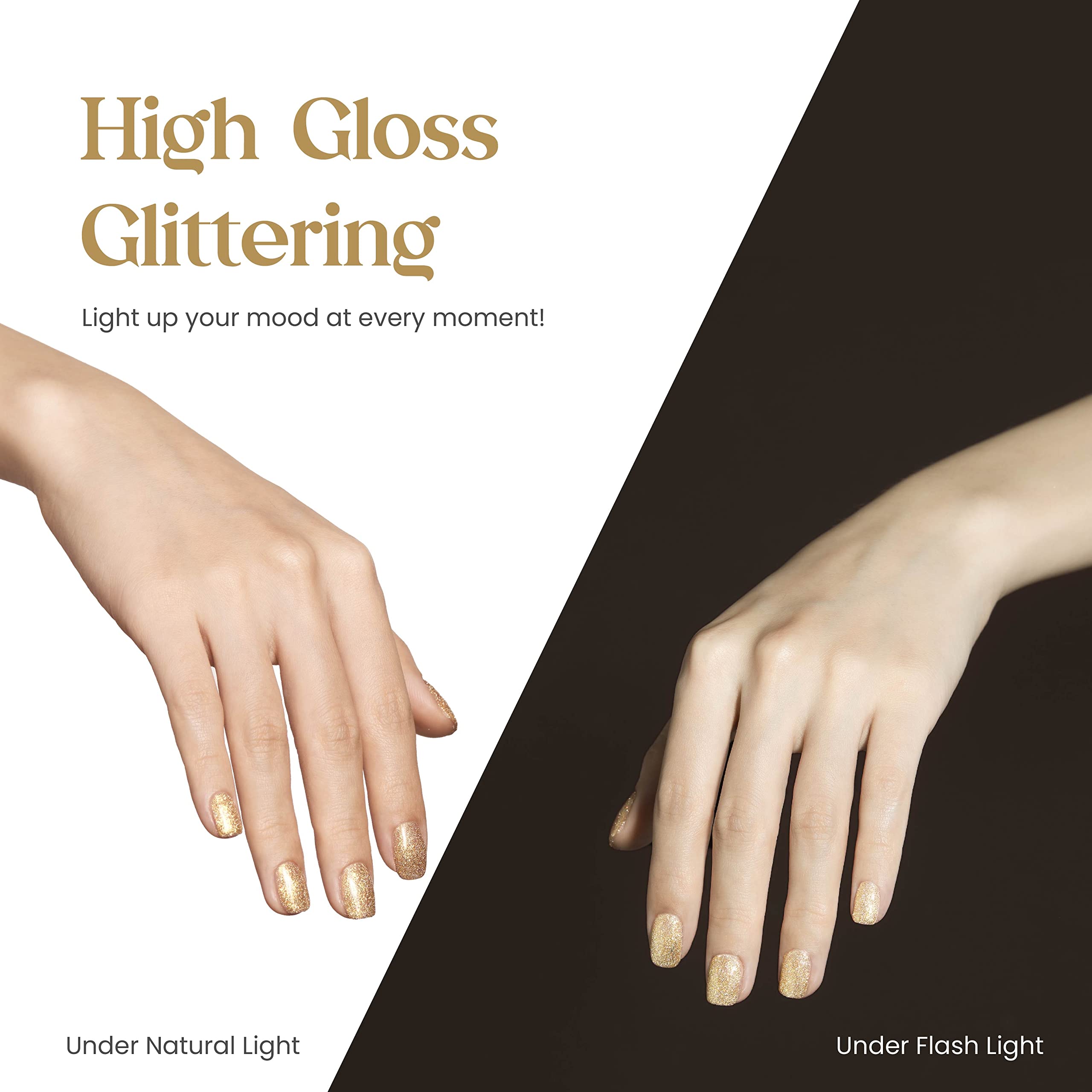 Beetles Gold Gel Polish under LED lamp cures quickly for a long-lasting salon vibe.