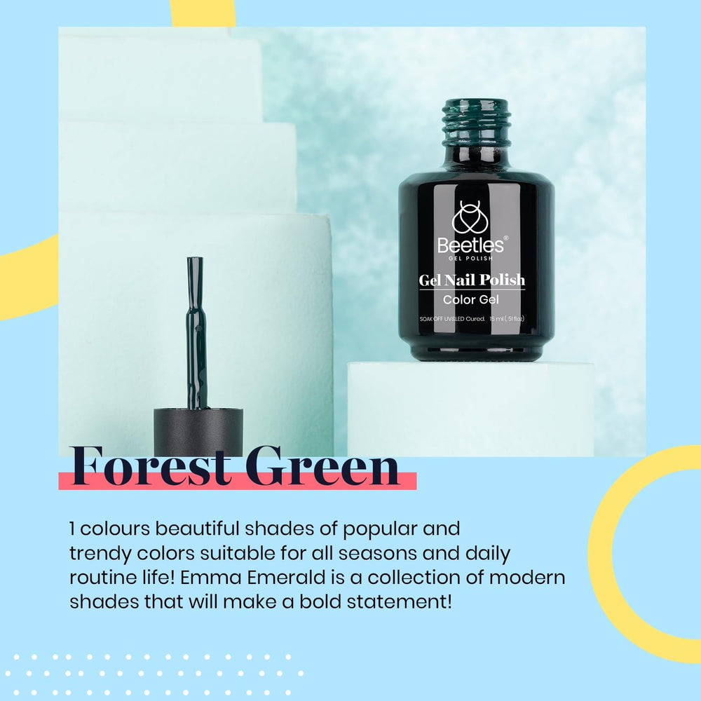 Beetles Emma Emerald bottle close-up highlighting vibrant forest green shade and shine.