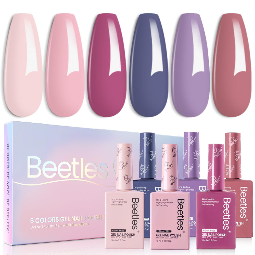 Beetles Hema-Free gel polish set with six pastel bottles for easy DIY home manicures.