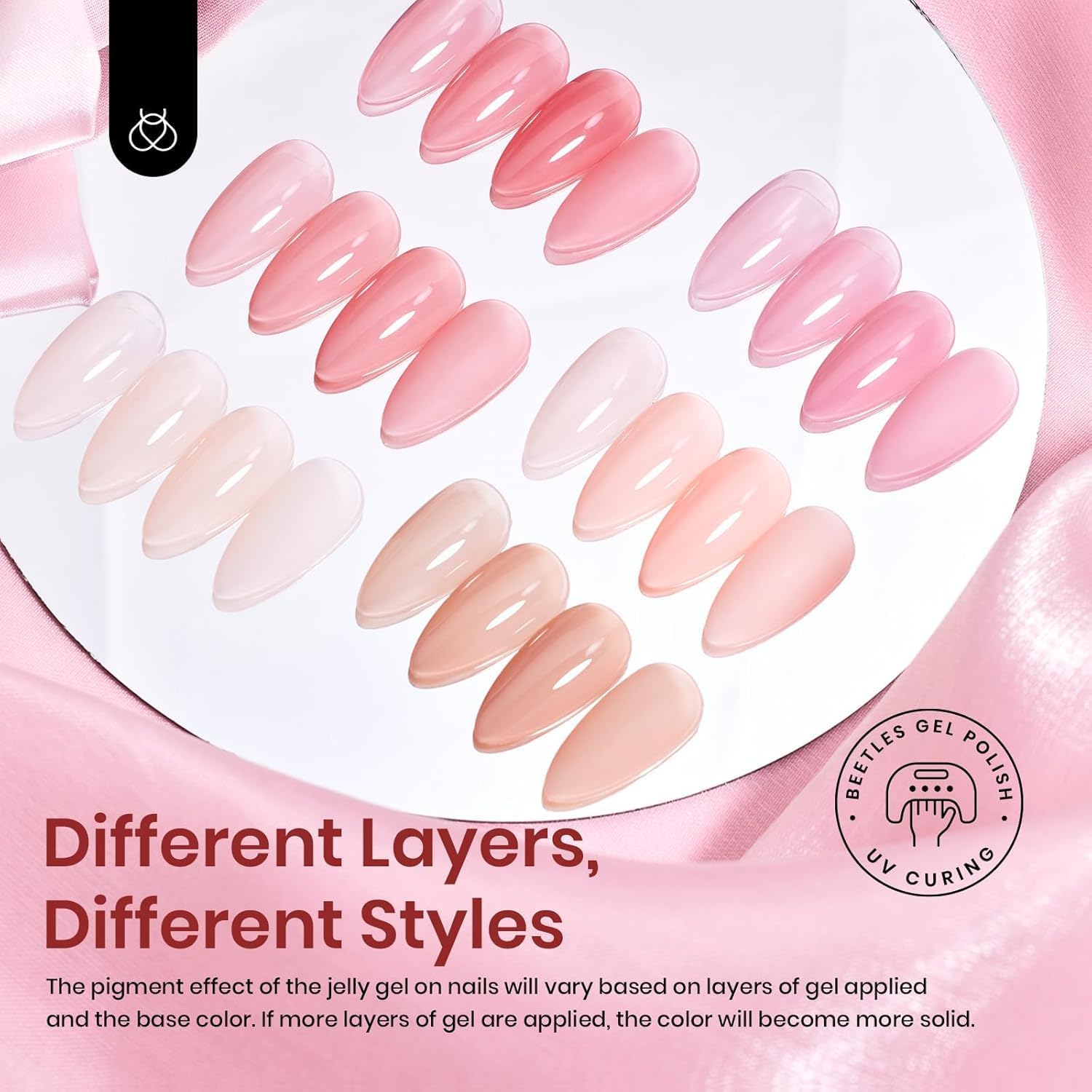 Beetles Jelly Gel Esmalte para uñas rosa nude en capas, permite ajustar intensidad.