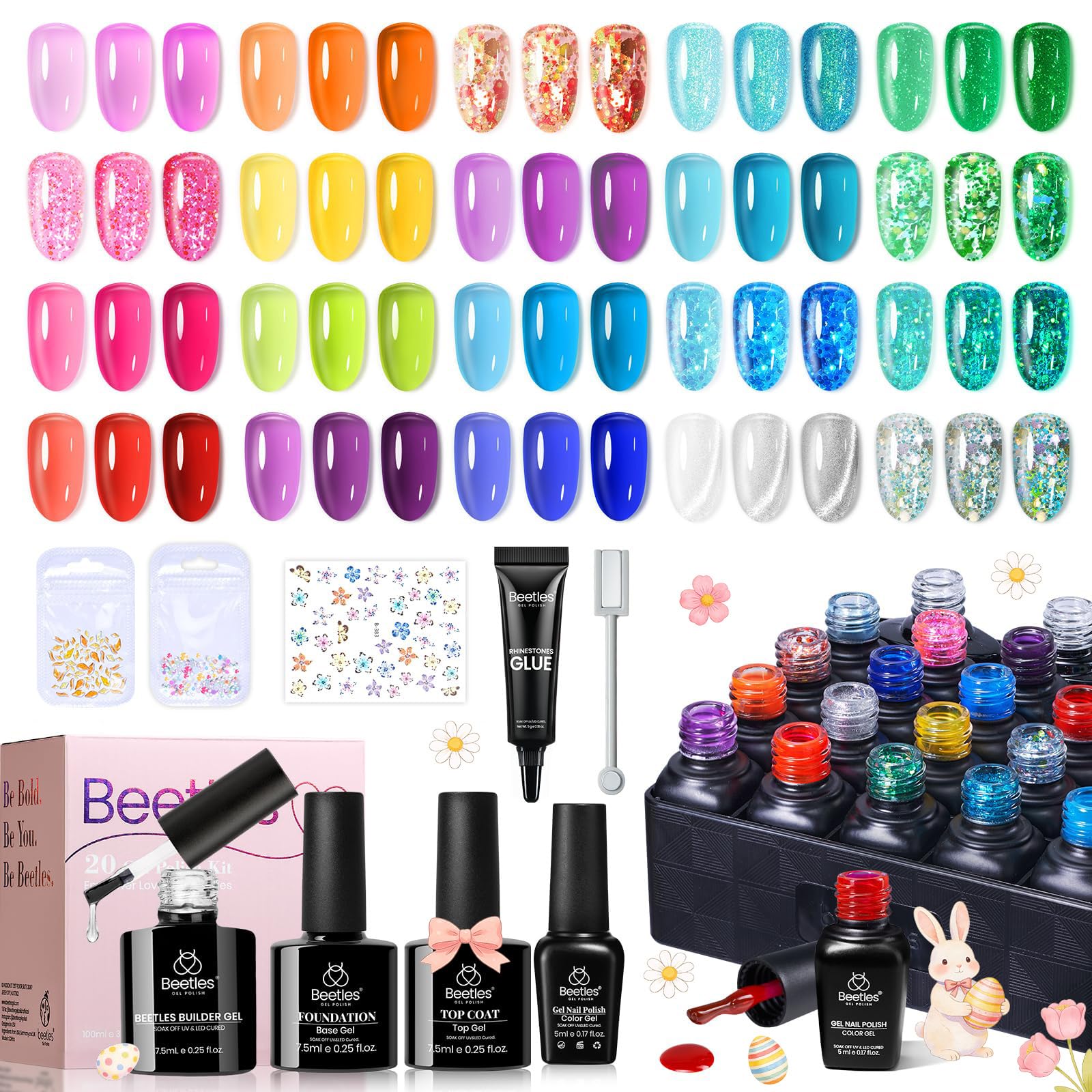Beetles jelly gel nail polish set shows 20 colors for versatile DIY manicures at home.