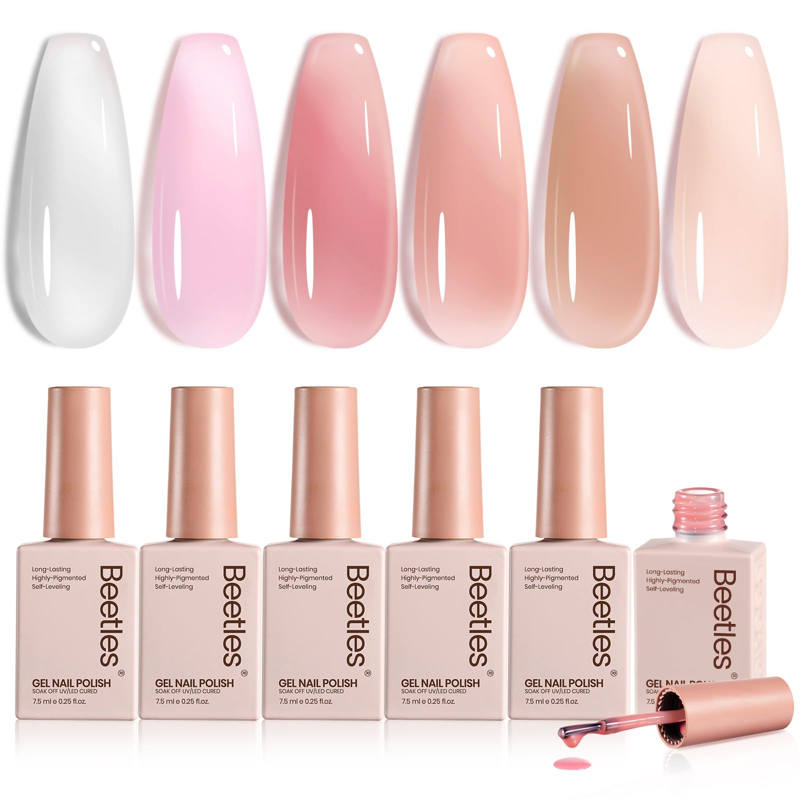 Beetles Jelly Gel six-color set swatches show sheer milky tones for versatile nails.