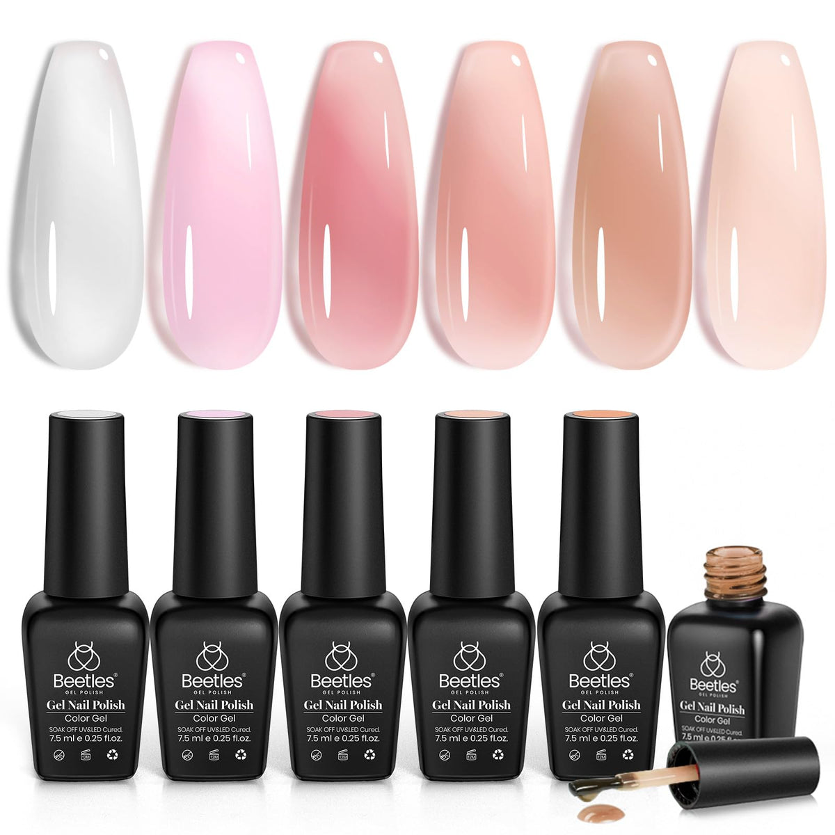 Beetles Jelly Gel Set de 6 colores rosados translúcidos, ideal para manicura diaria en casa.