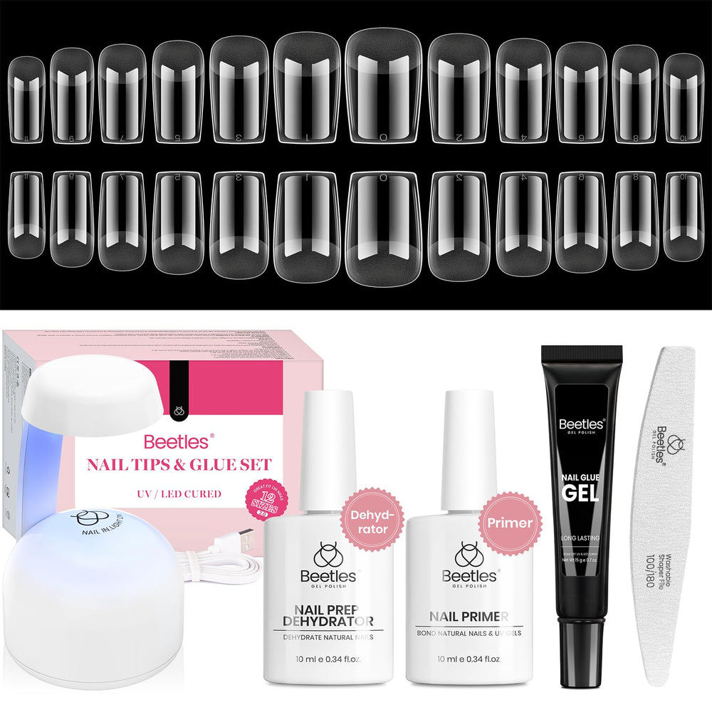 Beetles Gel Nail Kit: tapas cortas cuadradas semimate para adherencia mejorada.