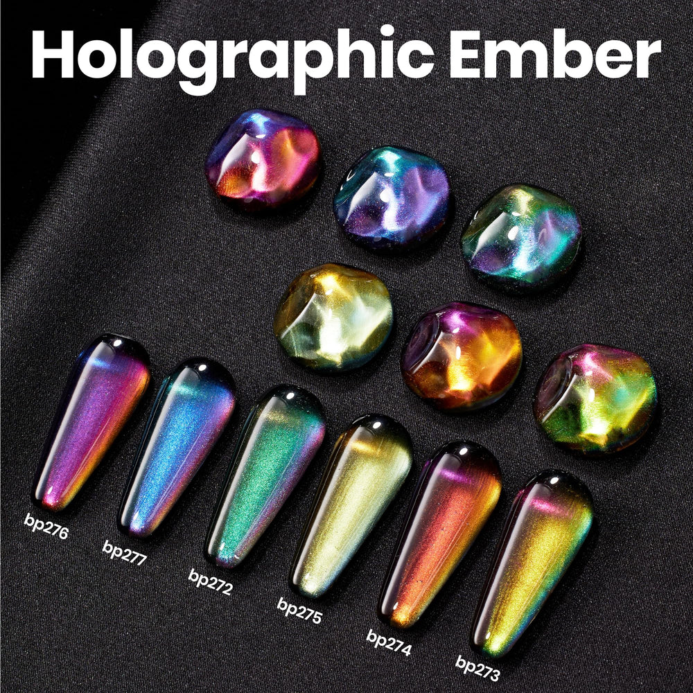 Beetles laca cromada conjunto camaleón ámbar: efecto holográfico que captura la luz.