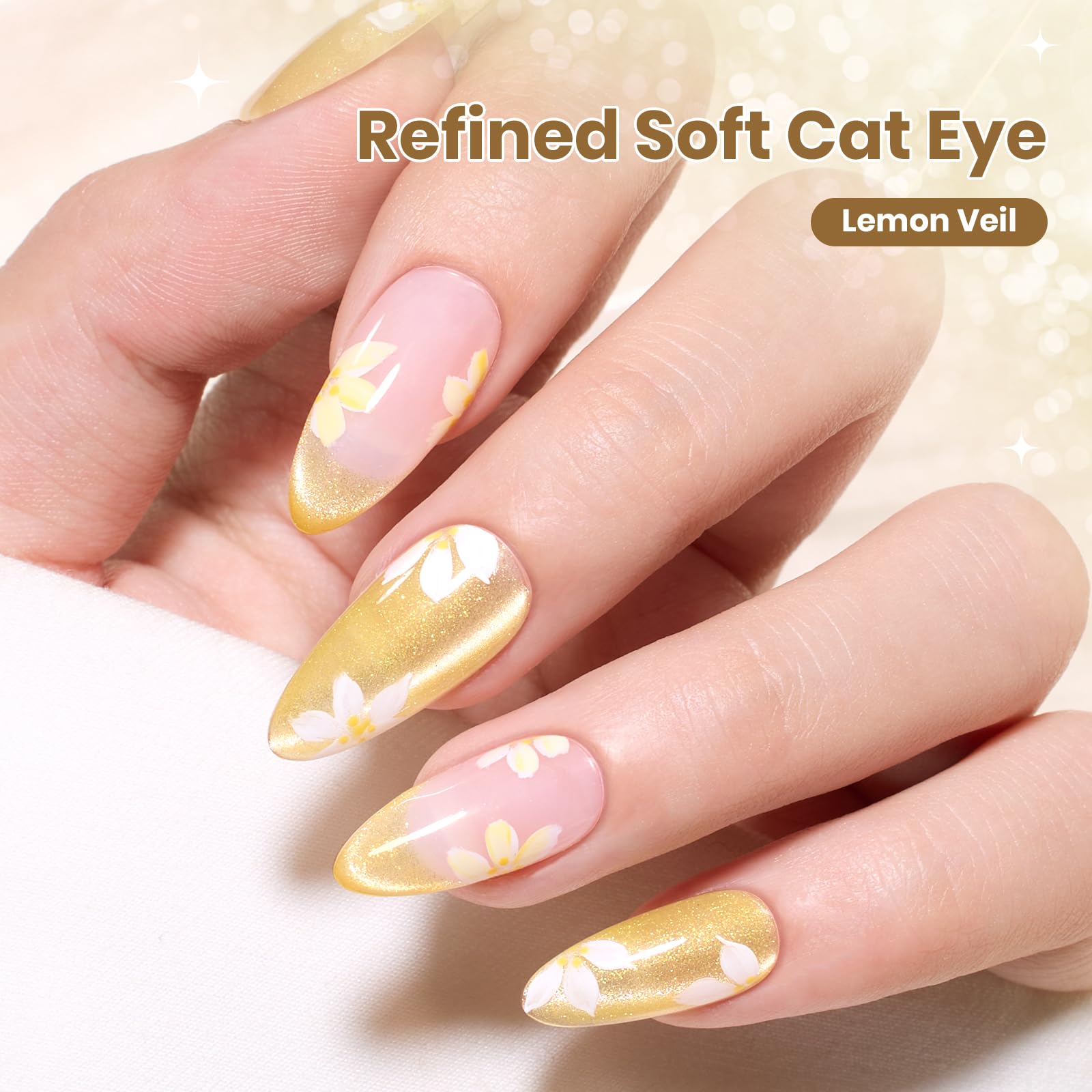 Beetles Lemon Veil Sunlit yellow glow cat eye polish on nails