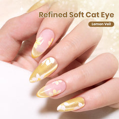Beetles Lemon Veil Sunlit yellow glow cat eye polish on nails