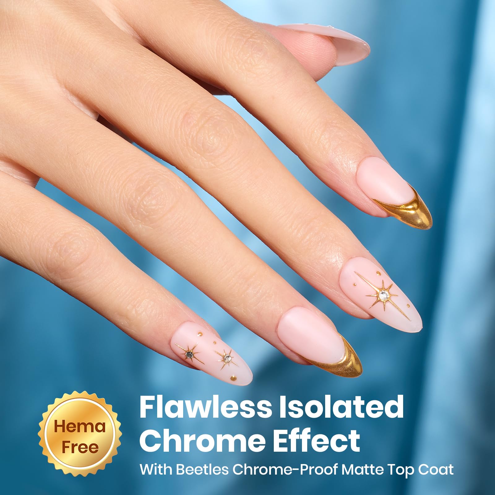 Long-lasting Beetles top coat protects chrome nail art and gel polish.
