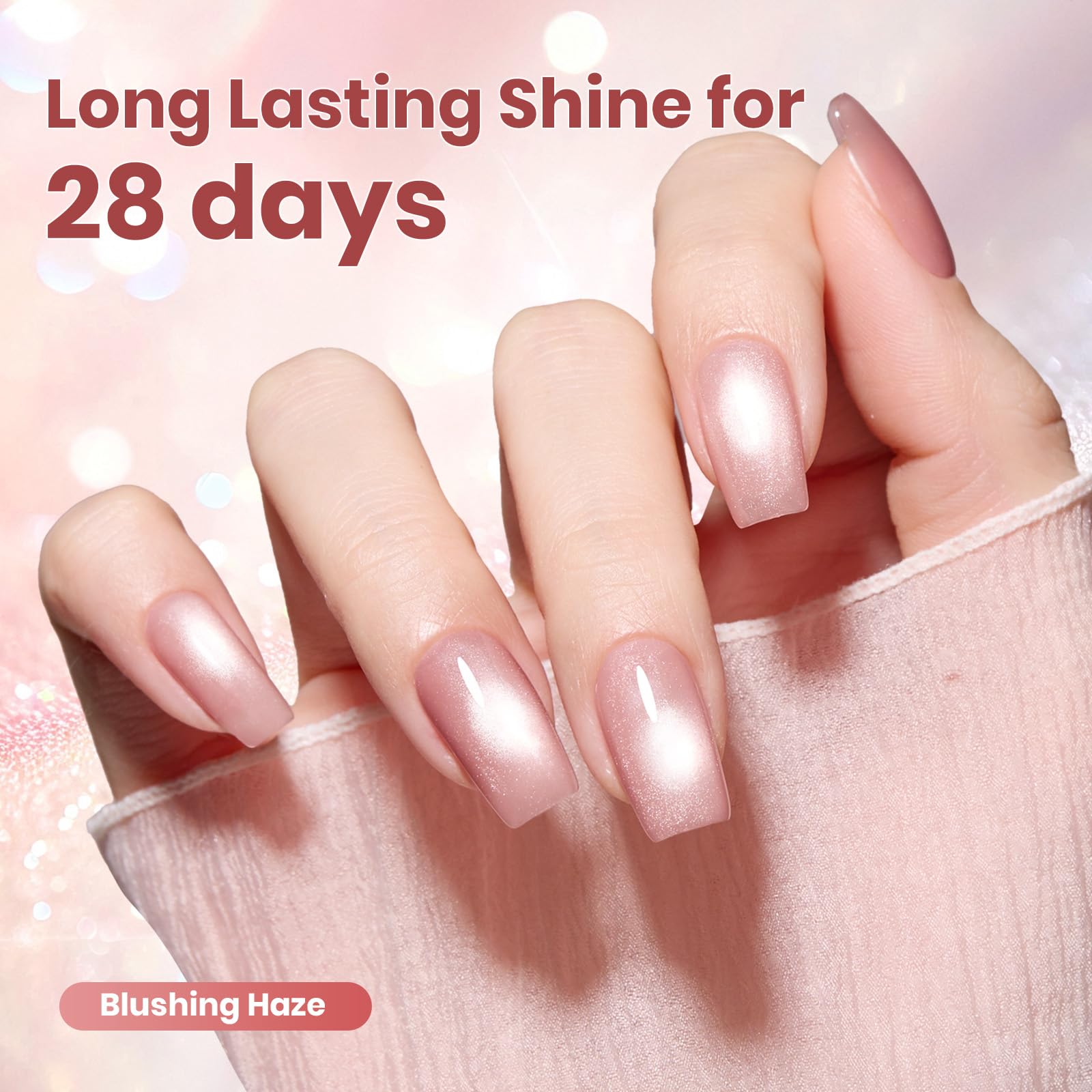 Beetles Pink Cat Eye gel polish on swatch reveals translucent glassy finish.
