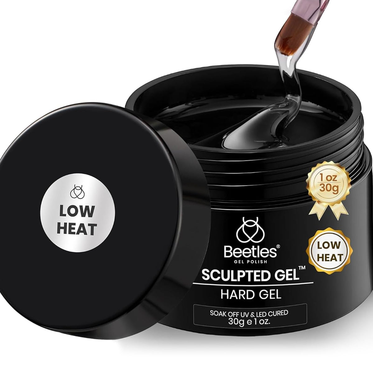 Beetles low-heat hard gel bottle for comfortable curing.