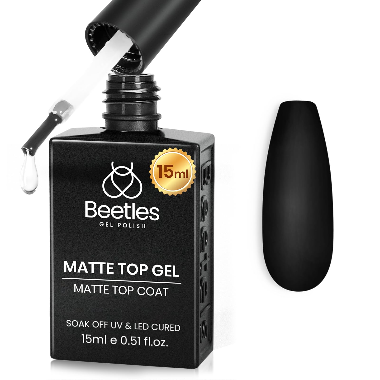 Beetles Matte Top Coat 15ml bottle showing professional satin finish for chrome art.