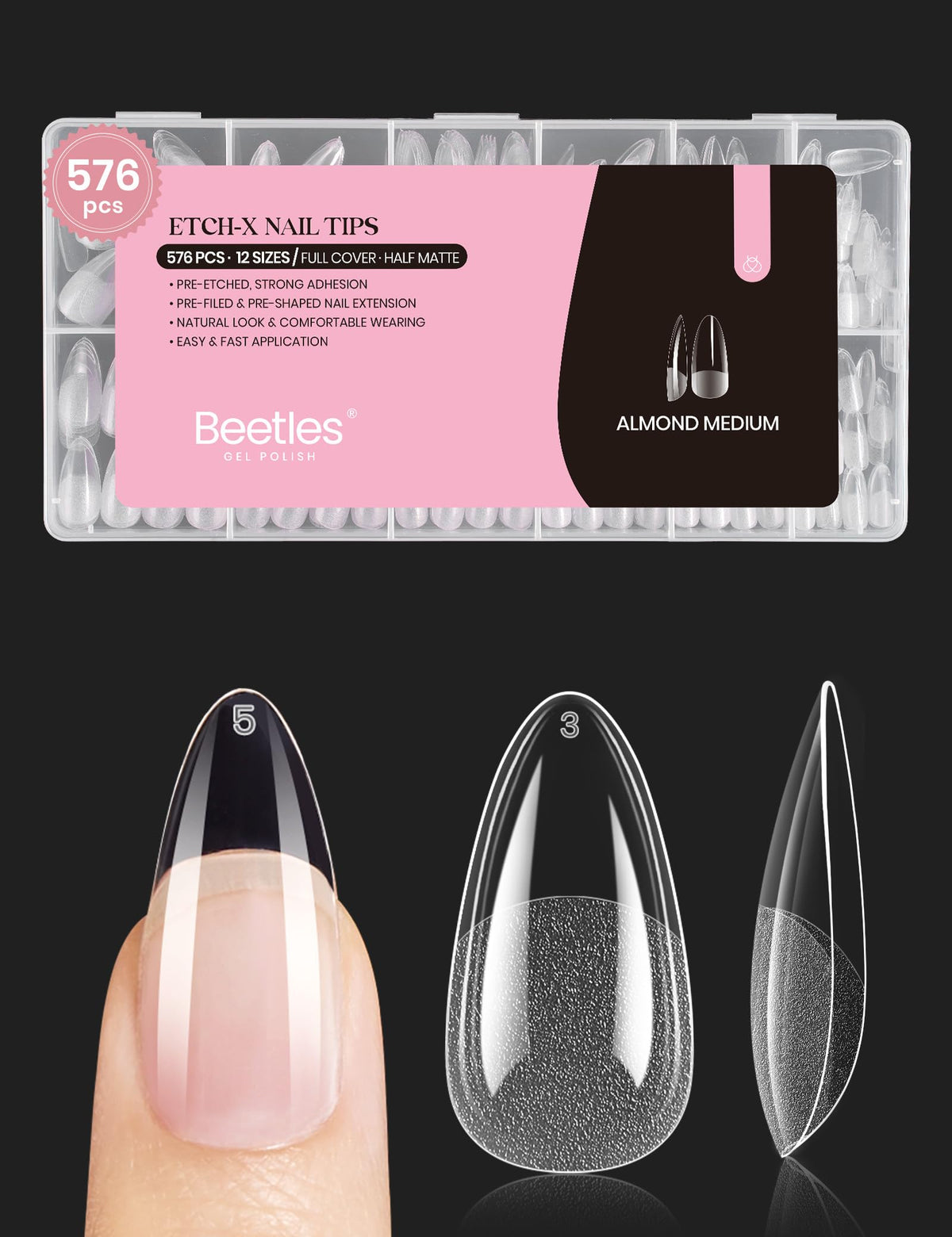 Beetles Medium Almond Nail Tips packaging shown for easy at‑home manicure