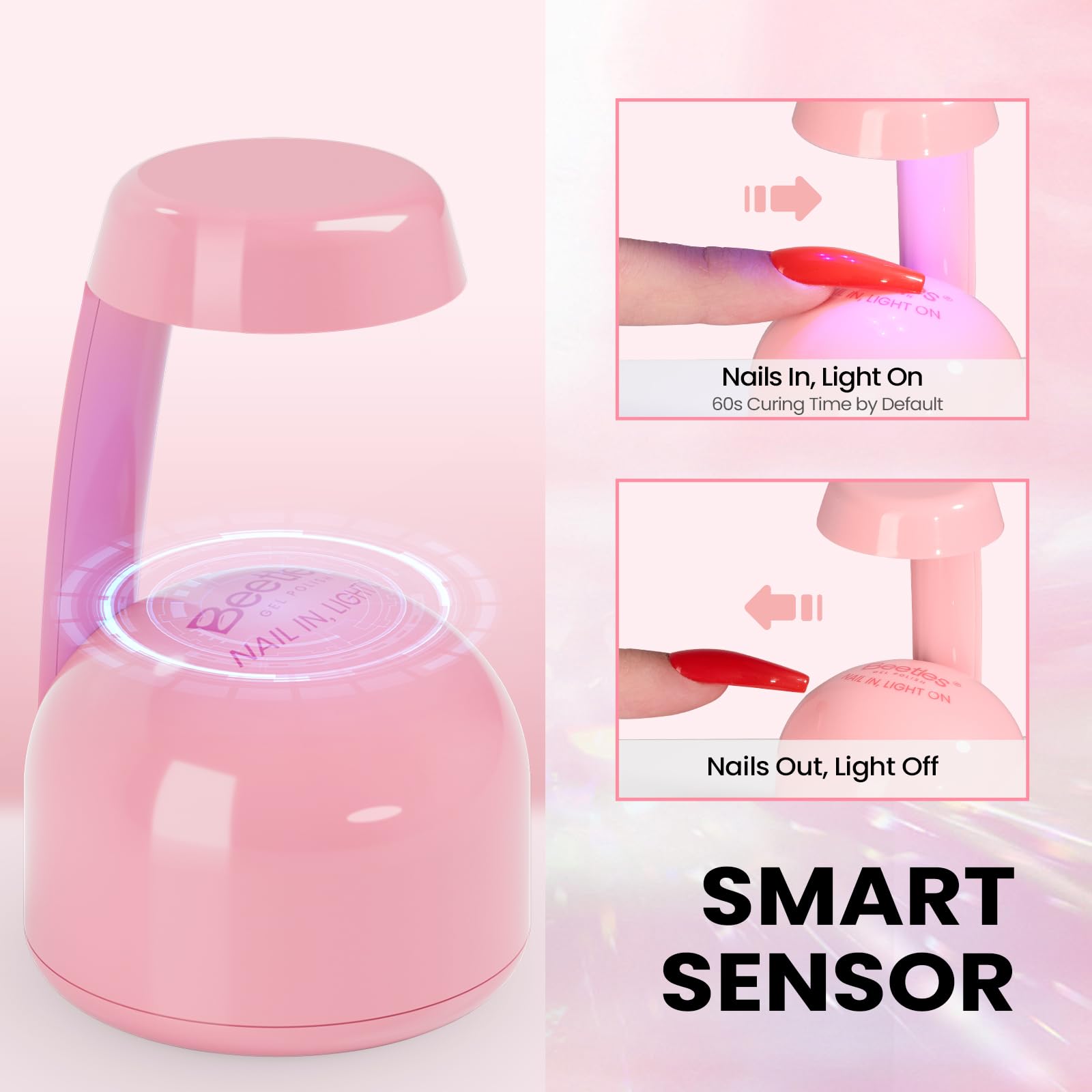 Beetles Mini UV Light in hand showing sensor-activated hands-free curing.