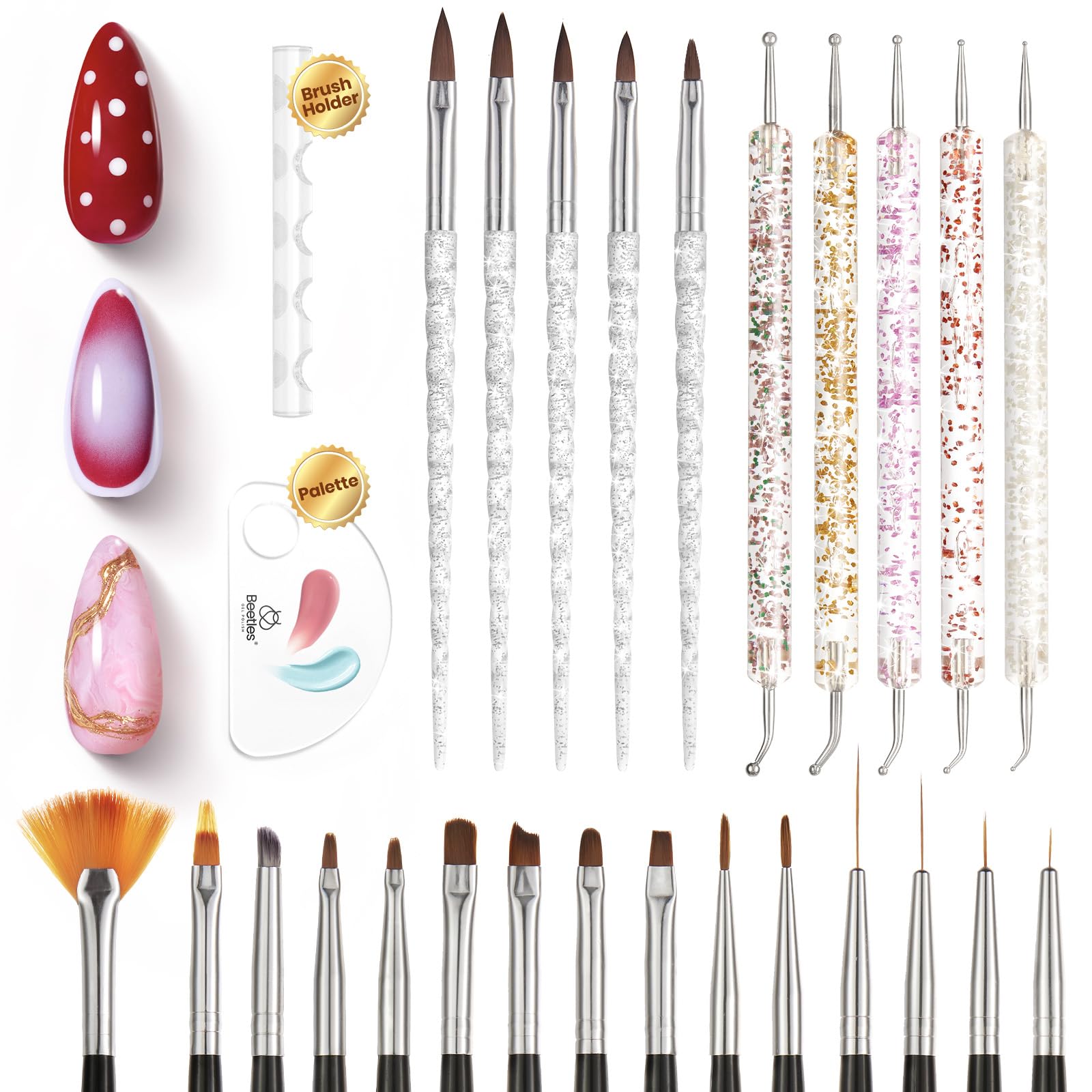 Beetles 25-piece nail art brush set for versatile DIY manicures